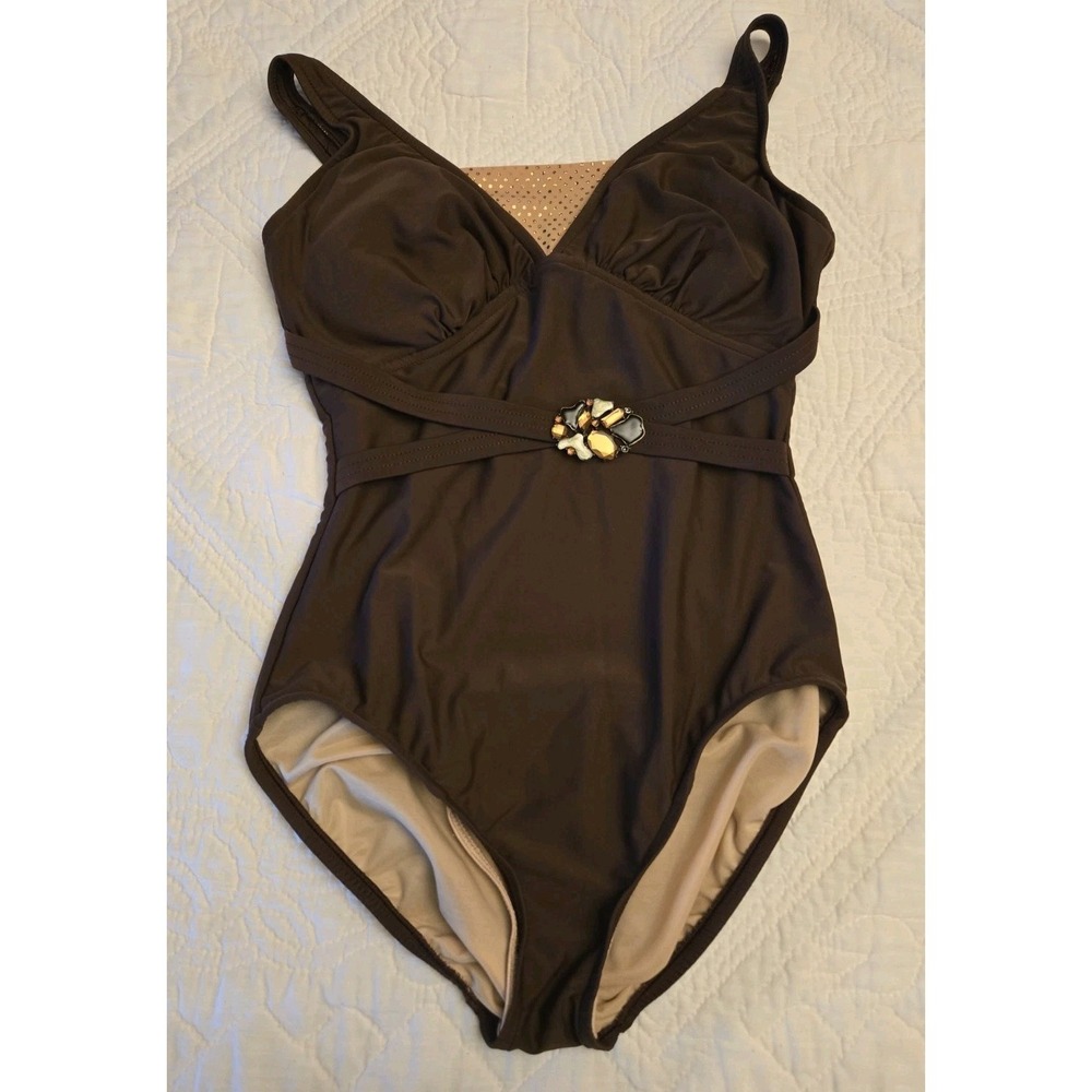 Carol Wior Size 10 Swimsuit One Piece  Brown Shape Underwire Jeweled Belt Waist